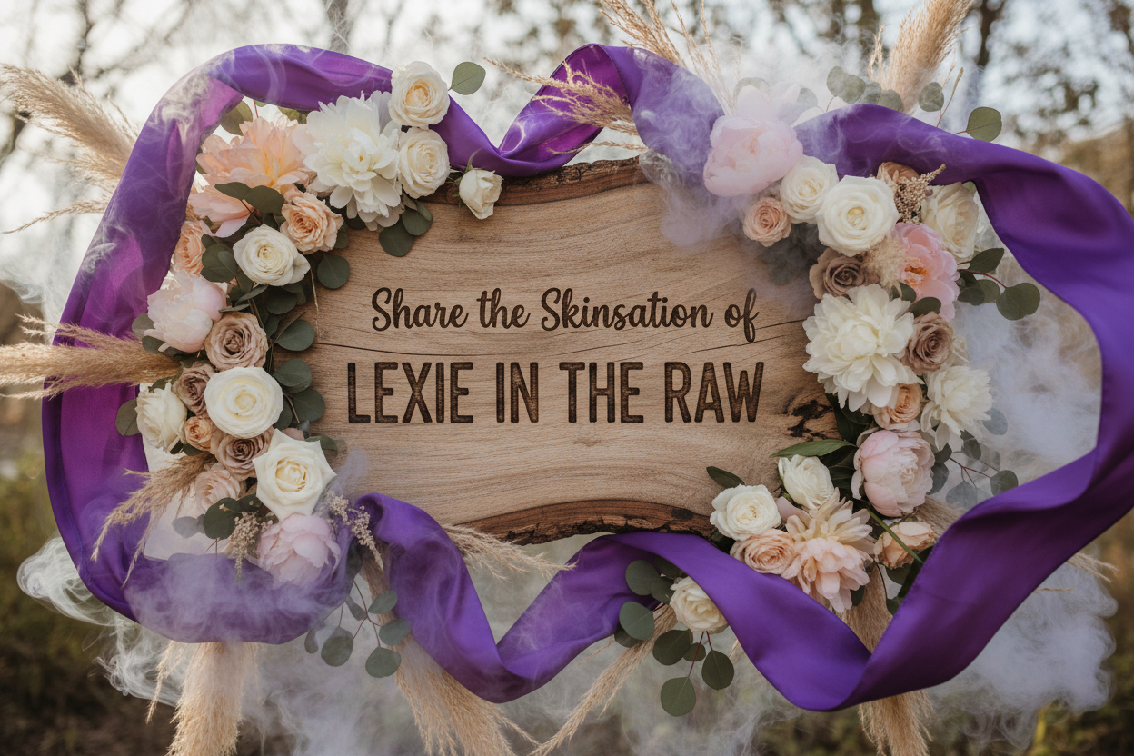 all natural looking sign with royal purple flowing and billowy ribbons and streamers and lavender smoke, surrounded by flowers with engraved lettering burned into the sign reading Share the Skinsation of LEXIE IN THE RAW